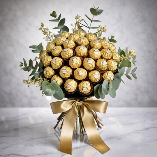 باقة شوكولاتة فيريرو روشيه فاخرة من 41 قطعة، هدية ذهبية أنيقة مع باقة من أوراق الأوكالبتوس، هدية عيد ميلاد، شكرًا لك، توصيل إلى دبي