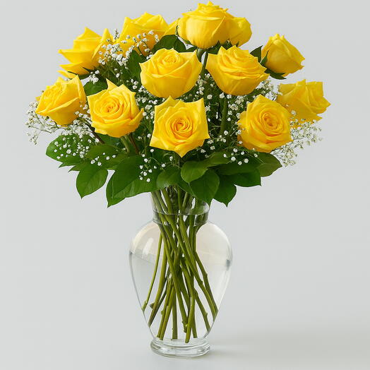 15 Yellow roses in vase