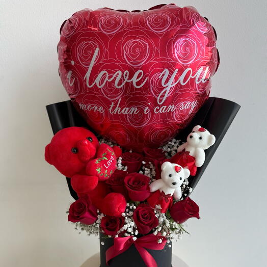 Romantic Red Roses with Love Balloon and Teddy