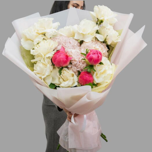 Floral Symphony _ White French Rose,Pink Hydrangea, Red peonies Luxury Bouquet