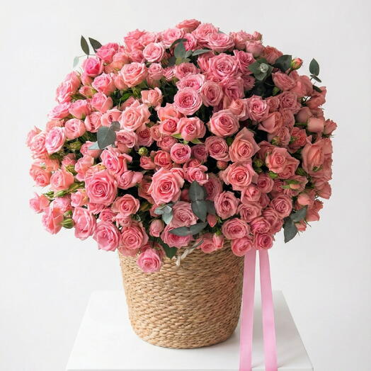 Toujours  365 Pink Spray Roses in a Hand-Woven French Basket