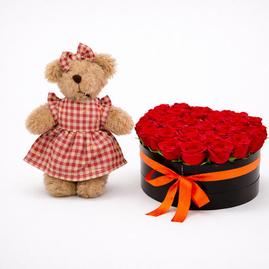 Midnight Heart Royale 40 Red Roses Box with 15cm Teddy Bear