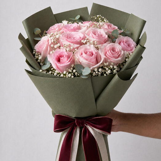 13-Stem Pink Rose Green Wrap Bouquet