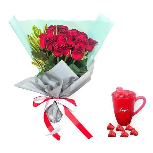 Ramo Ensueño Rosado y Chocolates con Taza 'Amor'