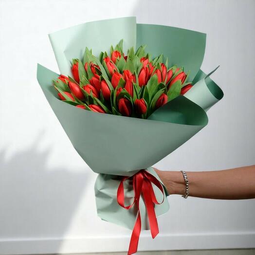 Radiant Red Tulip Bouquet | 50 Fresh Red Tulips in Elegant Wrap