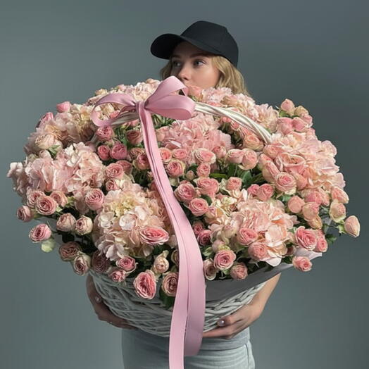 Beautiful Hydrangeas and Soft Pink Spray Roses Basket