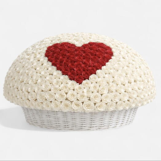 999 Signature Of Peace _ XXL White Rose With Red Heart Basket