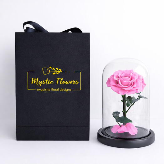 Стабилизированная роза в стеклянном куполе розового цвета