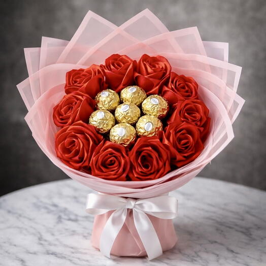 Bouquet de 11 roses rouges avec 7 Ferrero Rocher – Cadeau romantique classique