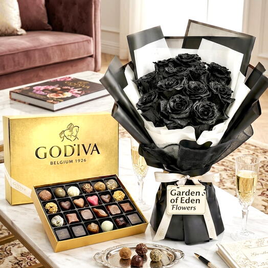 NoirLove15 ورود سوداء + صندوق هدايا شوكولاتة جوديفا (مجموعة فاخرة)
