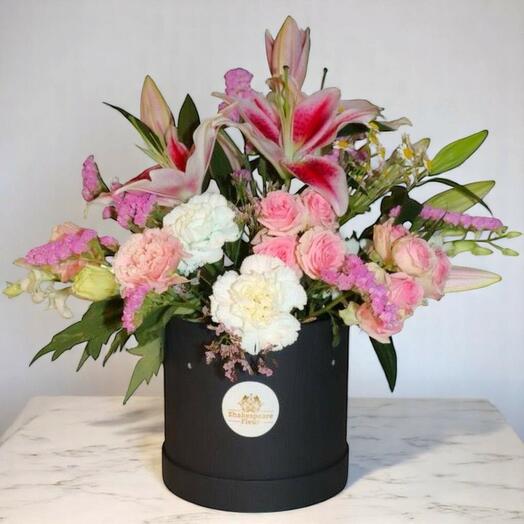 Spring Flower Box with Pink Lilies, Carnations   Baby Roses – Elegant Round Floral Gift Arrangement