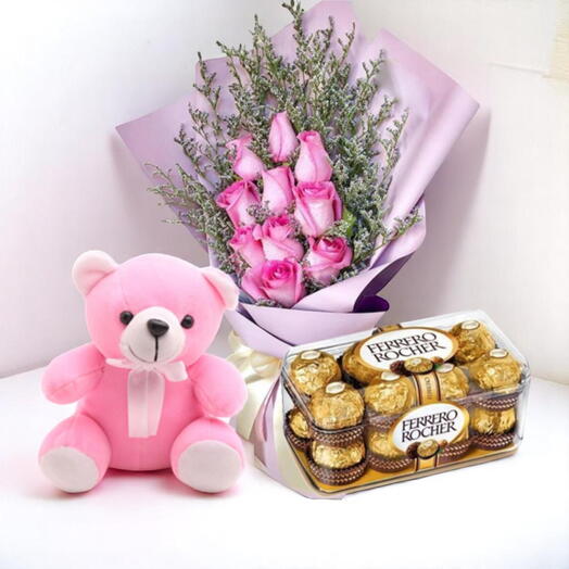 Pink Rose Bouquet Gift Combo – 11 Roses, Teddy Bear   Ferrero Rocher Chocolate Set