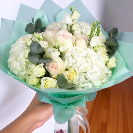 Elegant White Bouquet with Hydrangeas, Roses   Eucalyptus – Fresh Floral Arrangement for Weddings   Celebrations