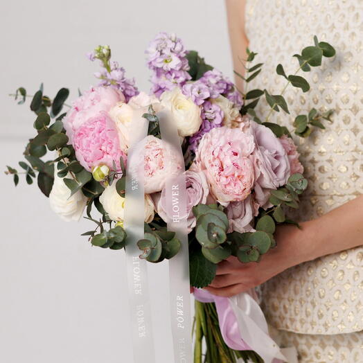 Merciful Night: Large Bouquet of Matthiolas, Roses, Ranunculuses and Peonies