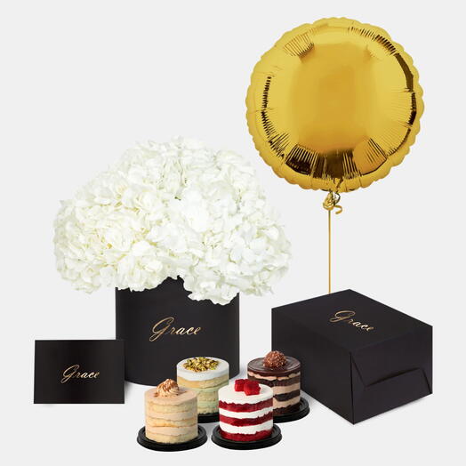 White Hydrangea  in Box with Mini Cake and Balloons