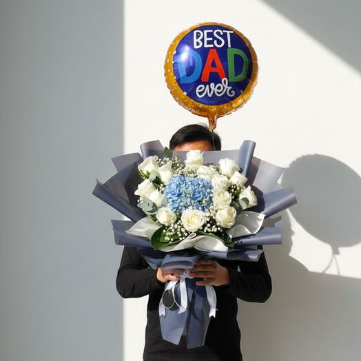 White Roses  Blue Hydrangea with Best Dad Balloon