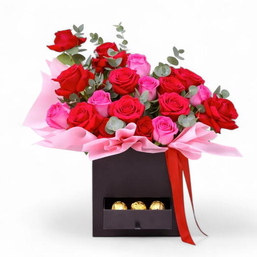 Трюфели для мамы_ красные и розовые розы с подарочной коробкой Ferrero Rocher для годовщины или дня рождения