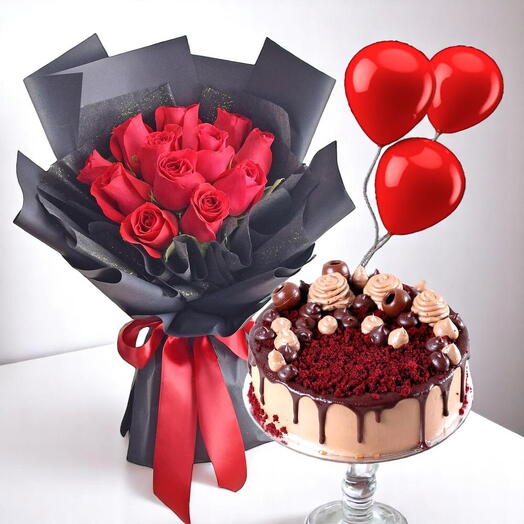 Romantic Rose   Cake Gift Combo – 11 Red Roses, Chocolate Red Velvet Cake   Balloons Set