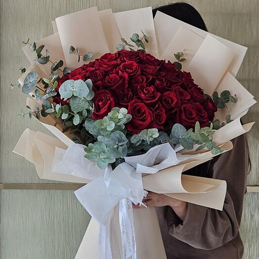 50 Red roses   Eucalyptus