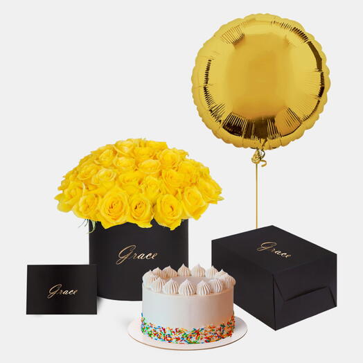 Yellow Roses in Box with Funfetti Cake Bundle