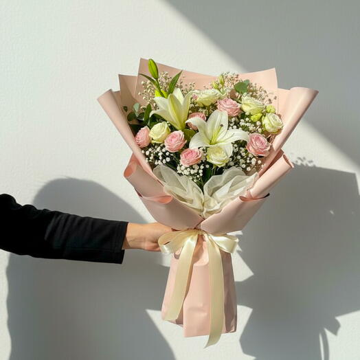 Грейс ин Блум 15 роз, лилии