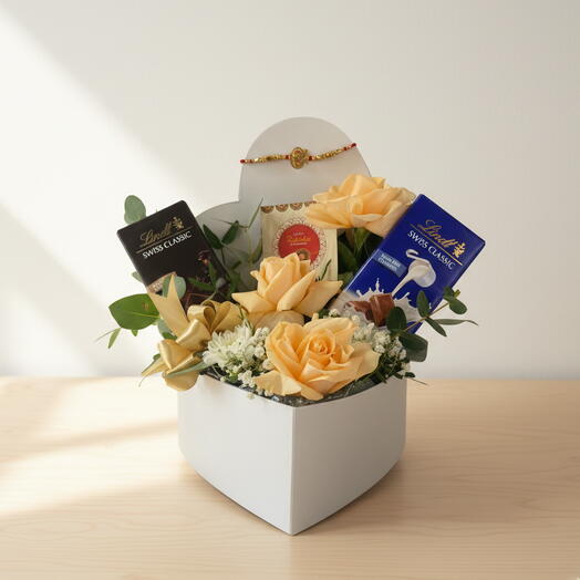 Peach Harmony Gift Box – Roses, Chrysanthemum   Lindt Chocolates in White Heart Box