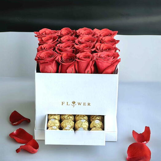 Red Rose White Flower Box Arrangement