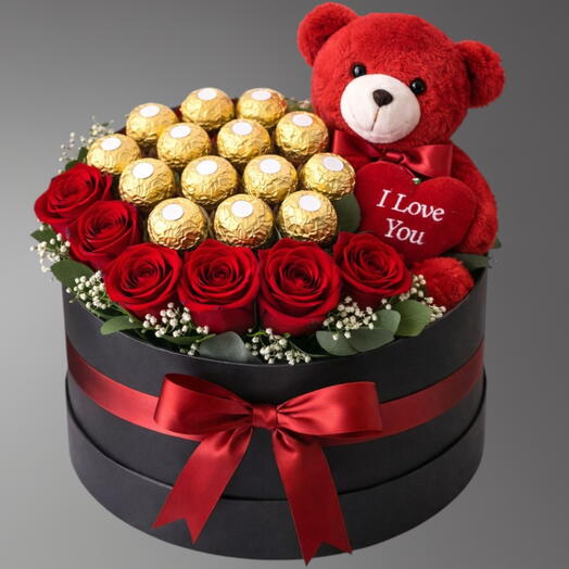 Roses rouges, Ferrero Rocher   Ours en peluche noir dans boîte combo ronde