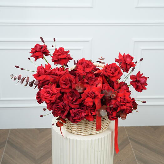 51 Premium Open Red Roses in Basket  7550
