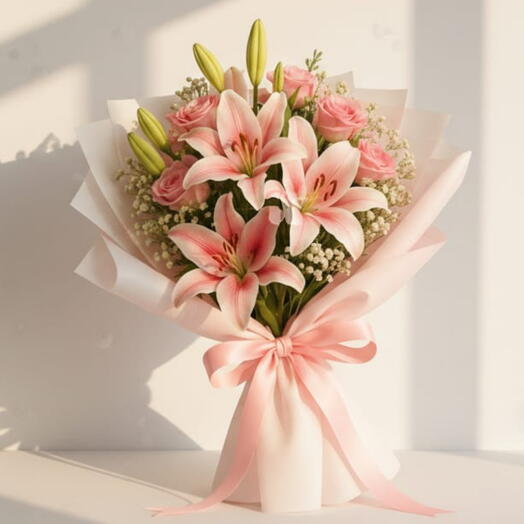 Букет из розовой лилии и розы с гипсофилой