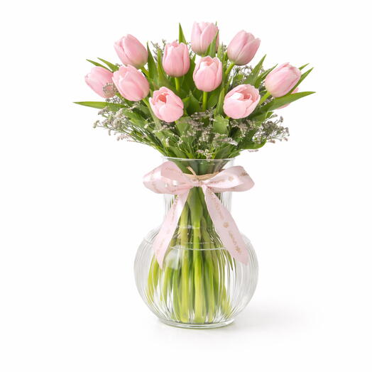 Румянец 11 розовых тюльпанов в вазе