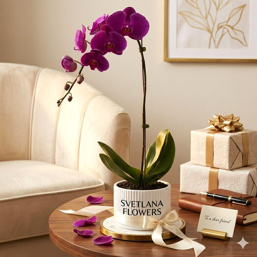 زهرة أوركيد فالينوبسيس بنفسجية أنيقة في أصيص سيراميك