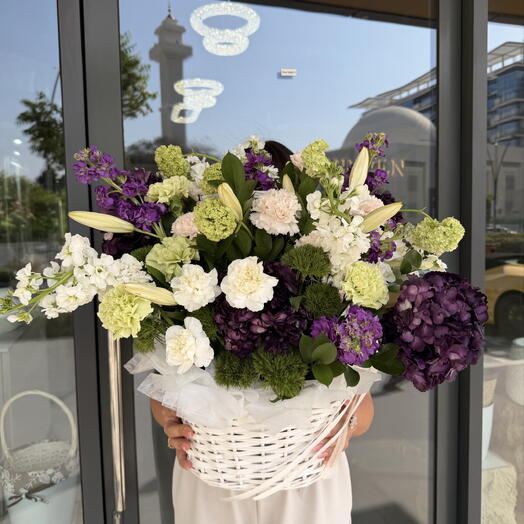 Elegant Hydrangea   Lily Flower Basket in White, Green   Purple Tones | Large Premium Basket | Same Day Delivery