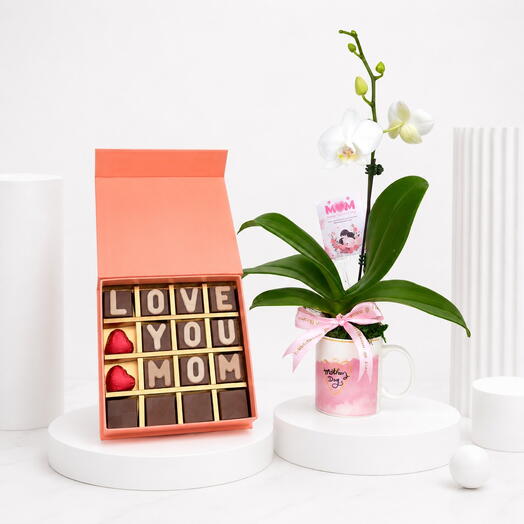 White Orchid Plant Mug with Love You Mom Chocolate Box