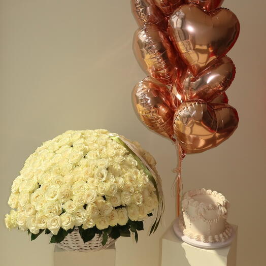 White roses Set of - 200 white premium roses basket, cake with chocolate crunchy filling and 10 heart shaped balloons