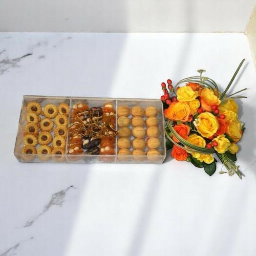 Luxury Ramadan Sweets   Flowers Acrylic Gift Box – Orange Roses   Hypericum Arrangement