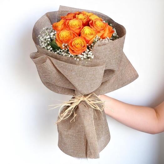 Dark Orange Rose Bouquet | 12 Premium Orange Roses with Baby s Breath