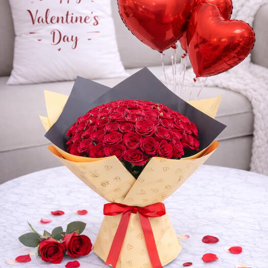 75 Imperial Red Roses   Red Heart Balloons