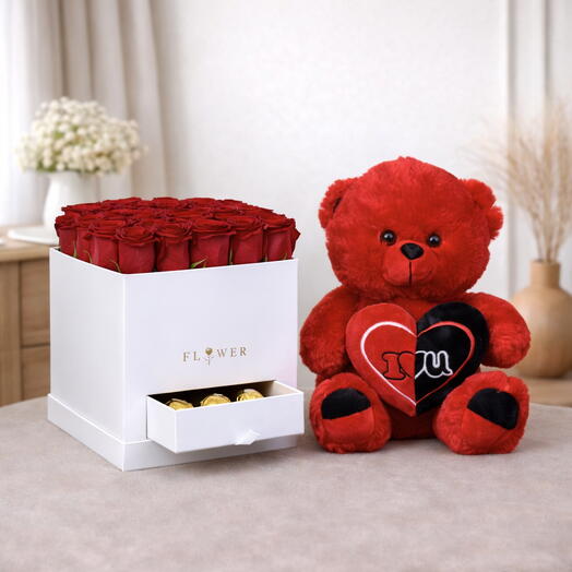 Ruby Love Box – 25 Red Roses, Ferrero Rocher   Red Teddy Combo