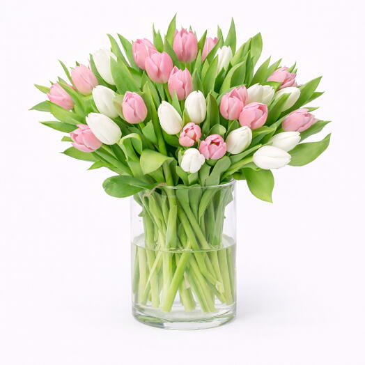 Ваза Grande с белыми и розовыми тюльпанами