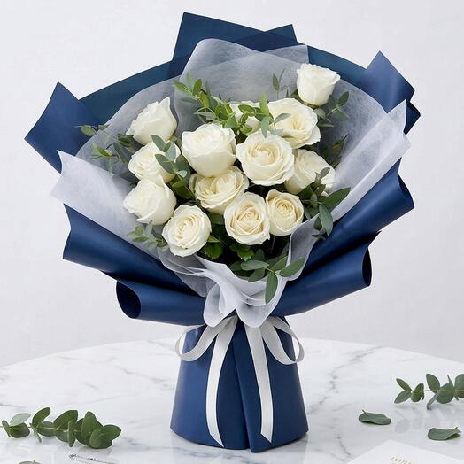 13 White Rose Blue Wrap Bouquet