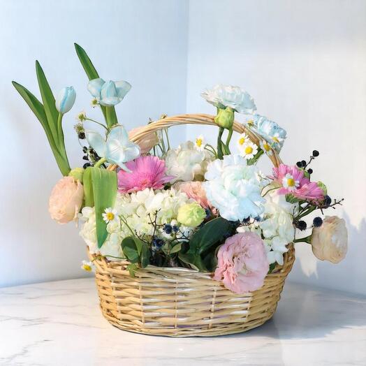 Happiness Flower Basket with Tulips, Gerbera   Hydrangeas – Elegant Gift Arrangement