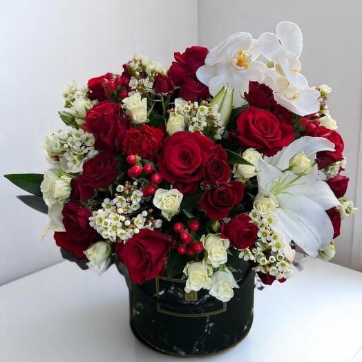 Red Beauty Flower Box with Roses, Orchids   White Accents – Elegant Round Gift Arrangement