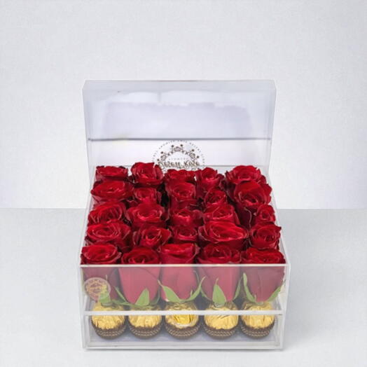 Acrylic Box with Roses and Ferrero Rocher Chocolate