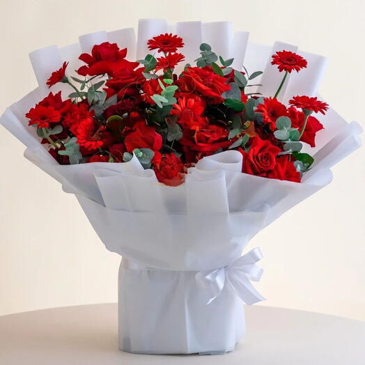 Fleurish - Red Daisy With Red Roses Luxury Designer Bouquet