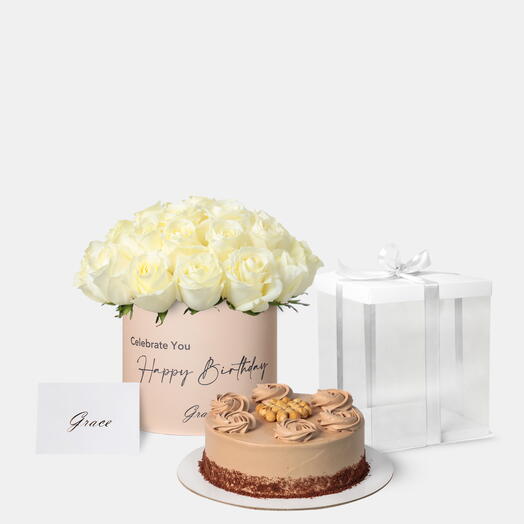 Joyful Birthday White Roses with Nutella Cake