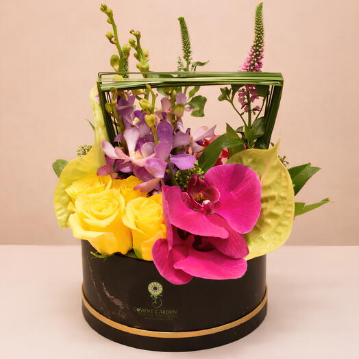 Arrangement floral Boîte magique envoûtante avec roses jaunes et violettes