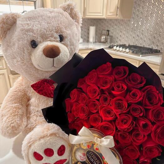 Teddy Bear  Ferrreo Rocher 12, 6 Roses Gift combo for Her