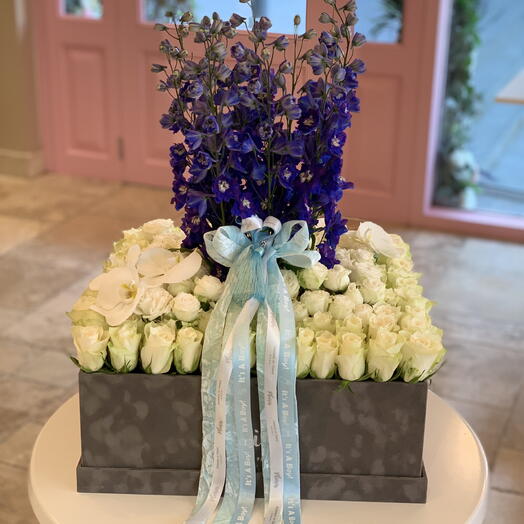 VIP White Rose and Delphinium Box