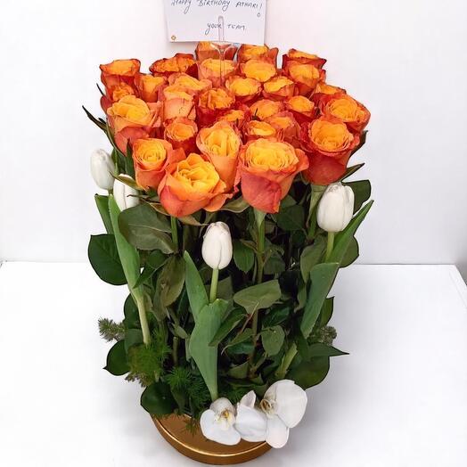 Tall Orange Rose   White Tulip Flower Box with Orchids – Luxurious Vertical Arrangement for Celebrations